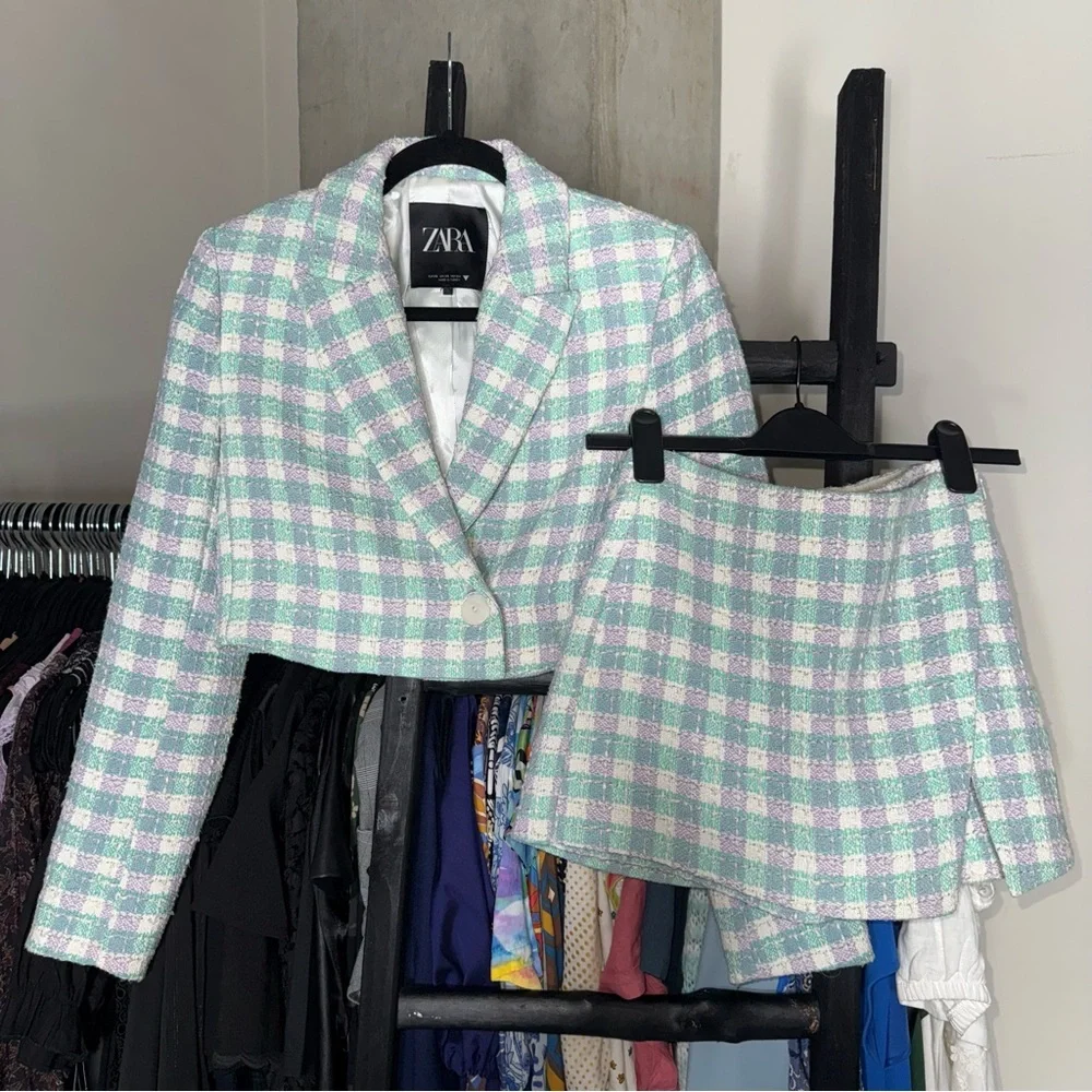Zara Pastel Plaid Cropped Blazer and Skort Set - Picture 4 of 17